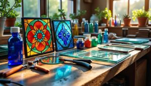 explorez notre gamme complète d'outils et matériaux pour la peinture sur verre, idéale pour créer des vitraux, des œuvres tiffany et des projets de fusing, et laissez libre cours à votre créativité.