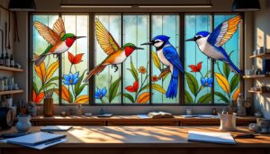 découvrez "les oiseaux en lumière", une collection unique de créations artistiques en vitrail par stef atelier vitraux, où chaque œuvre illumine la beauté des oiseaux avec couleur et finesse.