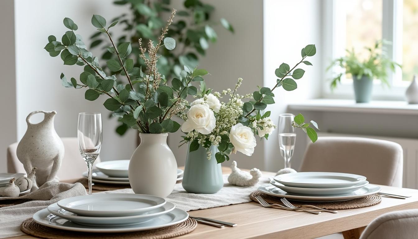 découvrez une table de noël élégante sublimée par des nuances vertes et blanc-beige, pour une ambiance festive chaleureuse et raffinée.