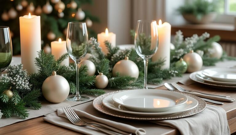 découvrez comment créer une table de noël élégante aux nuances vertes et blanc-beige pour une ambiance festive et raffinée.
