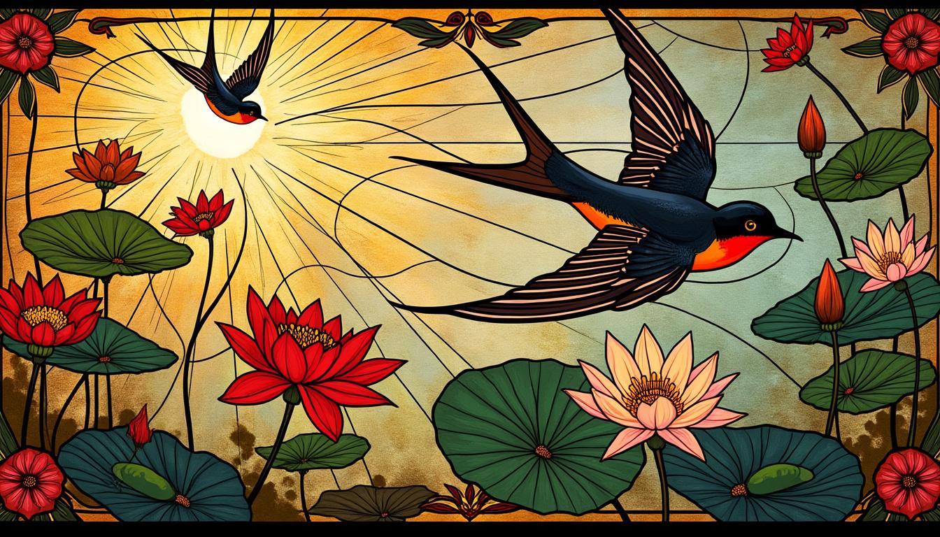 découvrez les vitraux art nouveau signés stef atelier vitraux d'art, mettant en scène des hirondelles élégantes et des fleurs délicates pour sublimer vos espaces avec poésie et lumière.