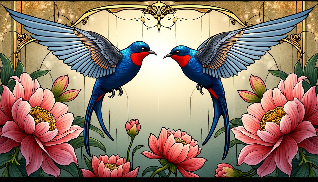 découvrez les vitraux art nouveau signés stef atelier vitraux d'art, mettant en scène des hirondelles élégantes et des fleurs délicates, alliant tradition et créativité.