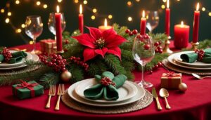 découvrez une table de noël décorée aux couleurs traditionnelles rouge et verte, créant une ambiance festive et chaleureuse pour vos fêtes de fin d'année.