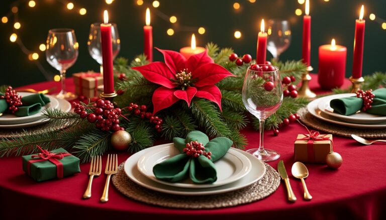 découvrez une table de noël décorée aux couleurs traditionnelles rouge et verte, créant une ambiance festive et chaleureuse pour vos fêtes de fin d'année.