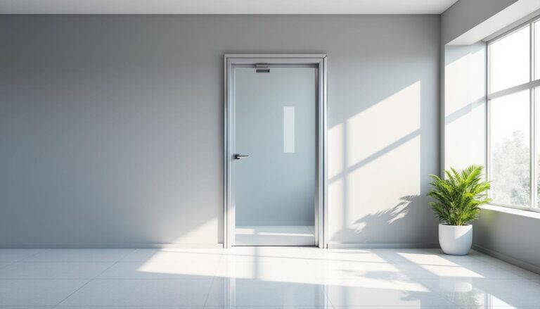 bloc porte vitrée à un vantail, idéal pour les espaces tertiaires, alliant design moderne et fonctionnalité pour optimiser la luminosité et l'accessibilité.