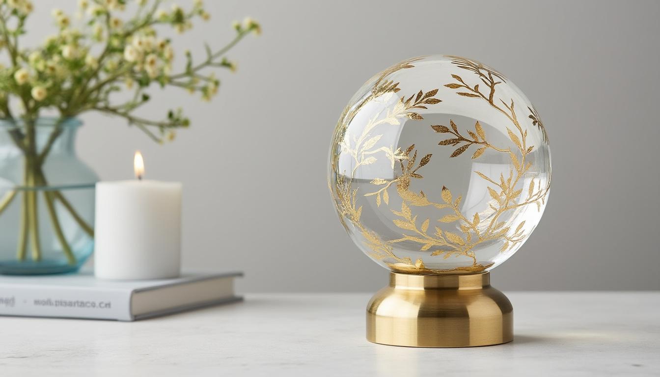 découvrez notre boule décorative en verre élégante, ornée d'un motif feuille dorée avec socle assorti. dimensions : 100 mm de diamètre, 45 mm de longueur. référence : bvo, parfaite pour sublimer votre intérieur.