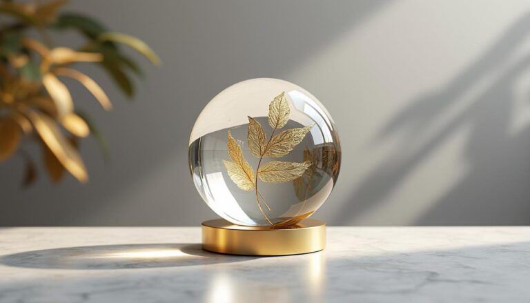 découvrez notre boule décorative en verre élégante avec motif feuille dorée et socle assorti. parfaite pour sublimer votre intérieur, diamètre 100 mm, longueur 45 mm. réf : bvo.