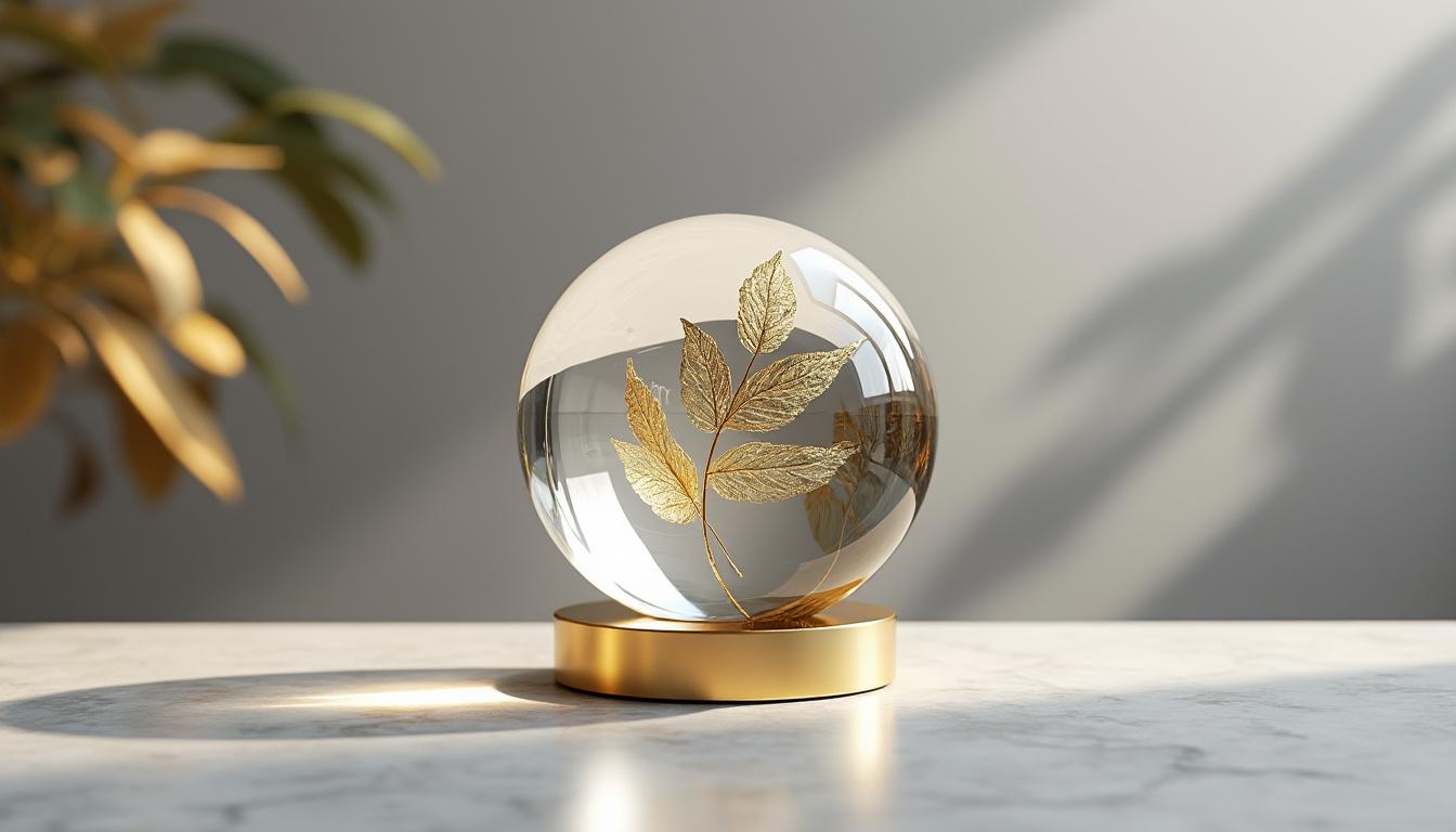 découvrez notre boule décorative en verre élégante avec motif feuille dorée et socle assorti. parfaite pour sublimer votre intérieur, diamètre 100 mm, longueur 45 mm. réf : bvo.