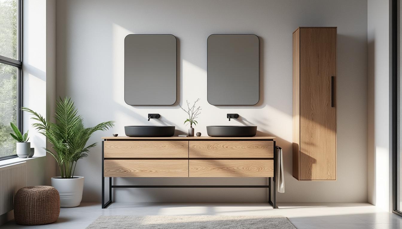 découvrez l'ensemble salle de bain studio 140 cm sur pieds, comprenant un meuble spacieux, une vasque moderne, une colonne de rangement pratique et des miroirs carrés assortis pour une harmonie parfaite dans votre espace.