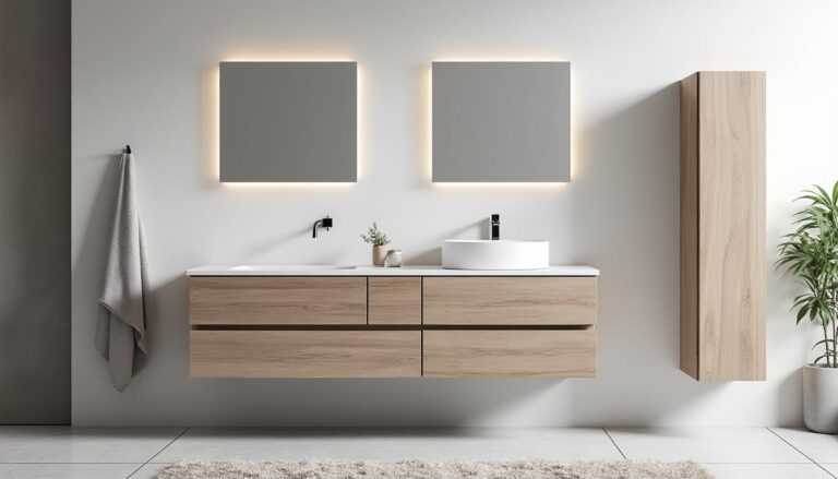 découvrez l'ensemble salle de bain studio 140 cm sur pieds, comprenant un meuble, une vasque, une colonne et des miroirs carrés assortis, alliant design moderne et fonctionnalité pour une salle de bain harmonieuse.
