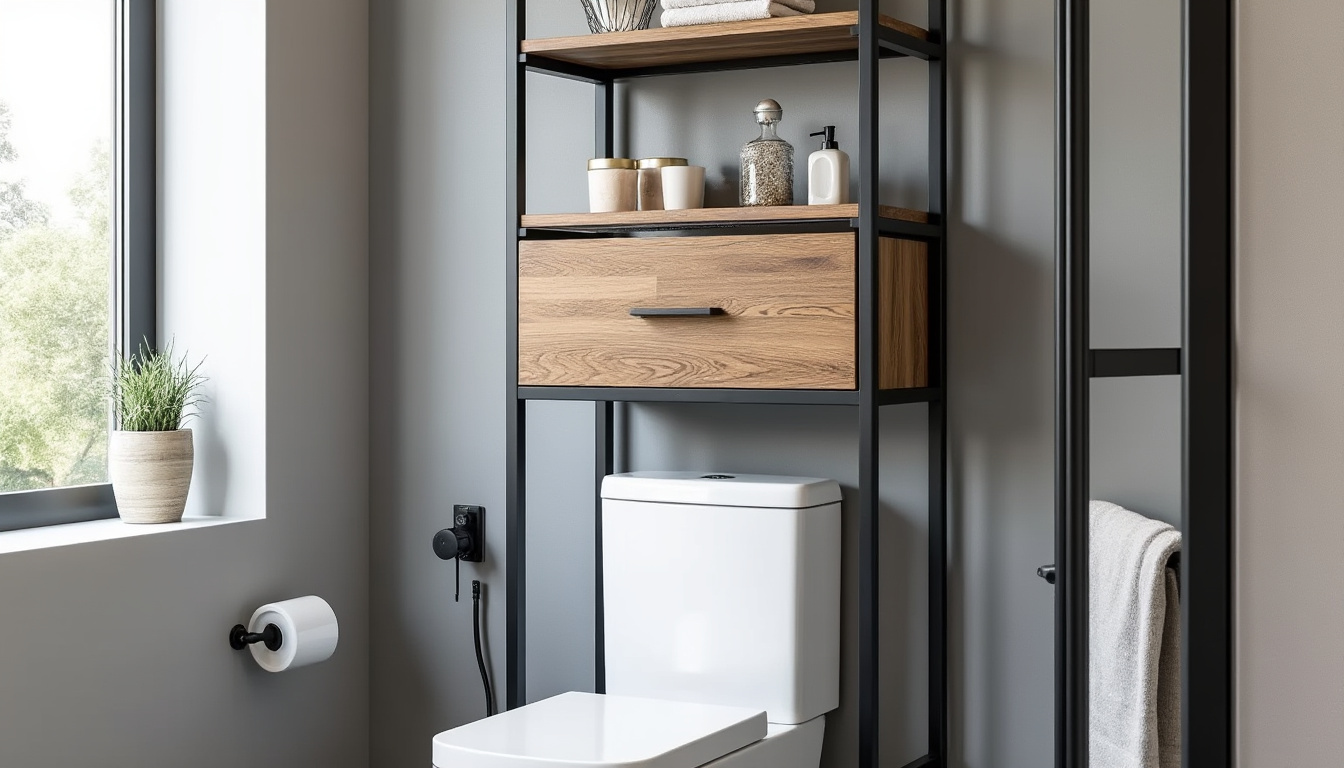 découvrez notre étagère pont pour wc en bois et métal noir, avec rangement fermé pour optimiser votre espace. dimensions 180x66cm, design élégant et pratique pour une salle de bain organisée.
