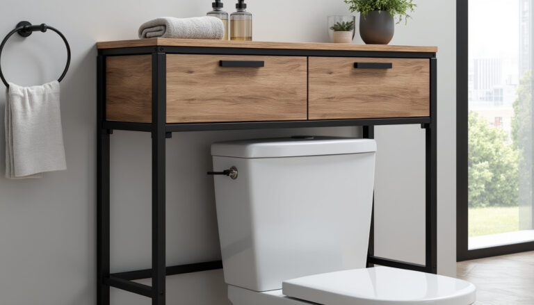 découvrez notre étagère pont pour wc alliant bois et métal noir, offrant un rangement fermé pratique. avec ses dimensions 180x66 cm, elle optimise l'espace tout en apportant une touche design à votre salle de bain.