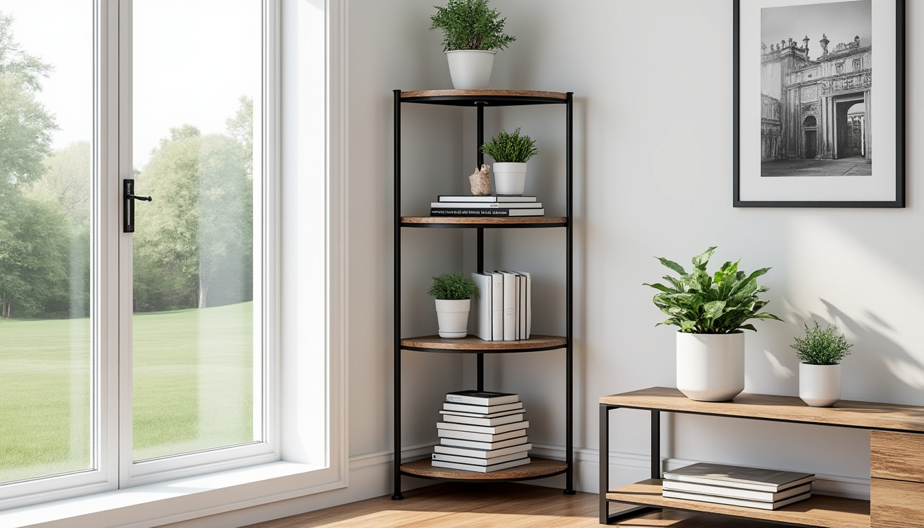 découvrez l'étagère d'angle new york à 4 niveaux, alliant métal et bois pour un style industriel. avec ses dimensions compactes de 35x35xh135cm, elle optimise votre espace tout en apportant une touche tendance à votre intérieur.