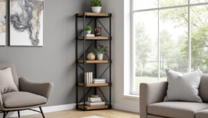 découvrez l'étagère d'angle new york à 4 niveaux, alliant métal et bois pour un style industriel unique. ses dimensions compactes 35x35xh135cm optimisent votre espace avec élégance.