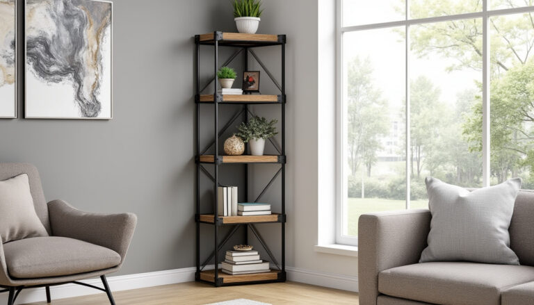 découvrez l'étagère d'angle new york à 4 niveaux, alliant métal et bois pour un style industriel unique. ses dimensions compactes 35x35xh135cm optimisent votre espace avec élégance.