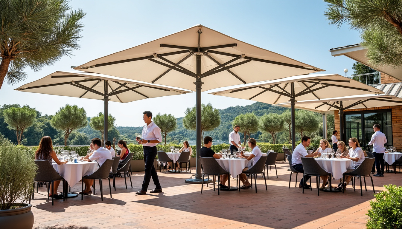 découvrez le parasol géant prostor p6, idéal pour les terrasses de restaurant. disponible en plusieurs dimensions (5x5m, 6x6m, 2.5x5m, 3x6m) avec toile interchangeable et mât unique, il allie praticité et élégance.