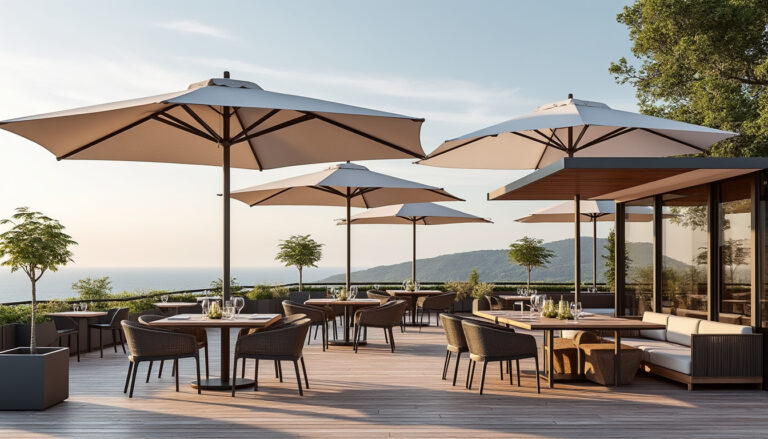 découvrez le parasol géant prostor p6, idéal pour terrasses de restaurant. disponible en dimensions 5x5m, 6x6m, 2.5x5m et 3x6m, avec toile interchangeable et mât unique pour une protection solaire optimale et un design élégant.