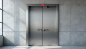 porte aluminium 1 vantail sécurisée, idéale pour issue de secours, alliant robustesse et conformité aux normes de sécurité pour une protection optimale.