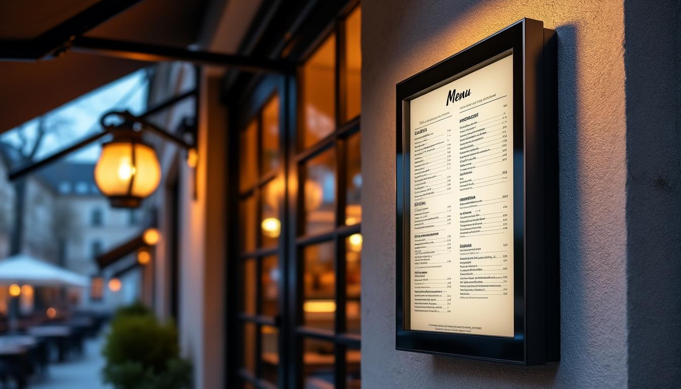 porte-menu mural lumineux led noir, idéal pour restaurant. format a2 extérieur avec 4 affichages a4, résistant et attractif pour mettre en valeur vos menus.