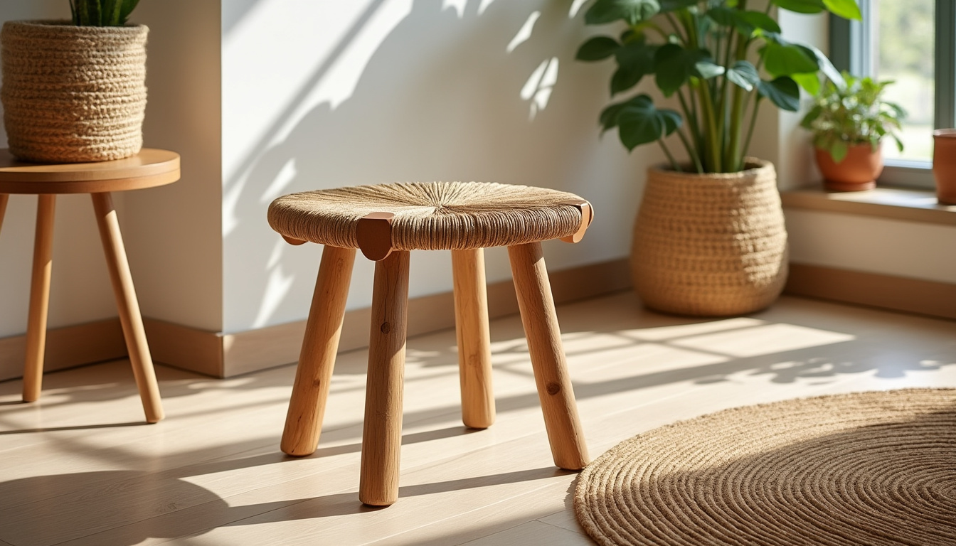découvrez le tabouret roucou, un meuble élégant alliant bois naturel et assise en corde camel, parfait pour apporter une touche chaleureuse et authentique à votre intérieur.