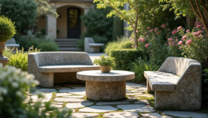 découvrez notre collection élégante de bancs et tables de jardin en pierre de taille, alliant robustesse et style intemporel pour sublimer vos espaces extérieurs.