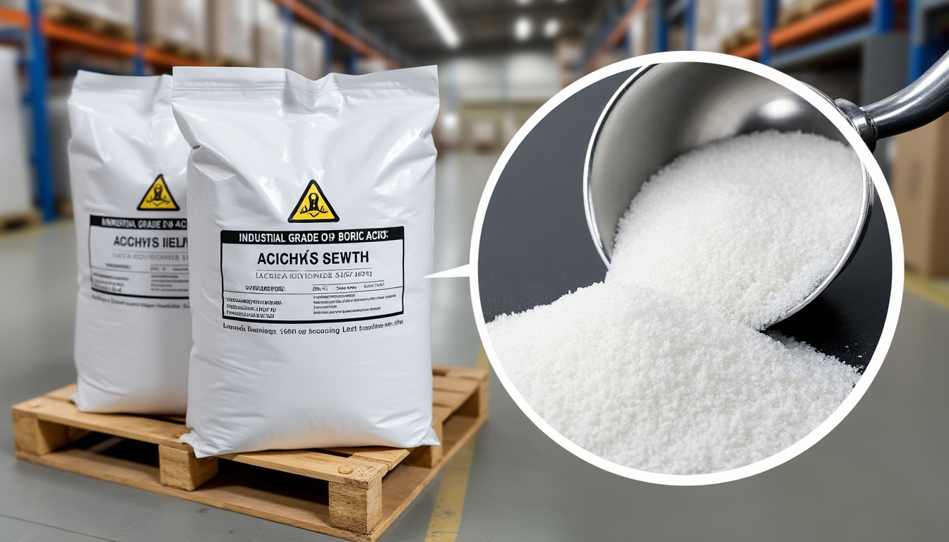 granulés techniques d'acide borique haute pureté à 99,9 % en sac de 25 kg, idéaux pour applications industrielles et chimiques.