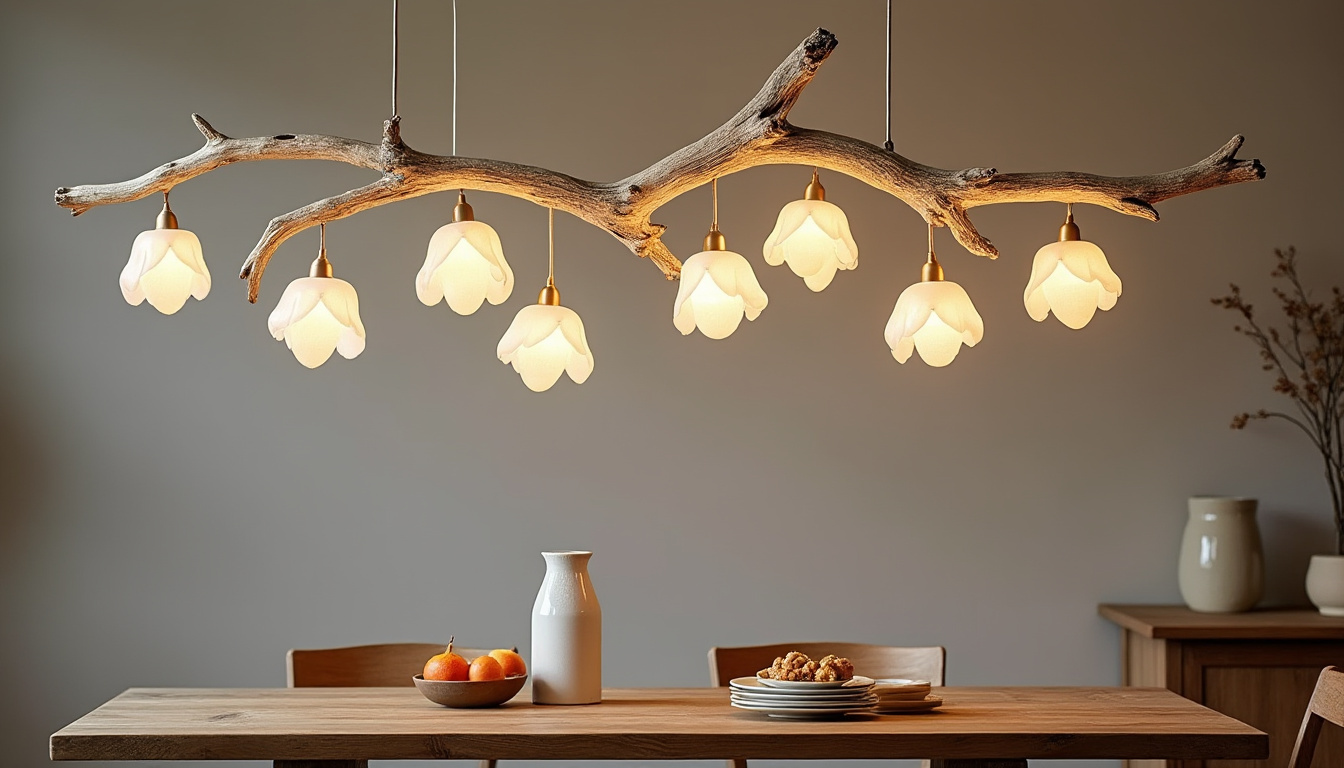 découvrez notre lustre en résine effet bois flotté, décoré de fleurs délicates pour une ambiance naturelle et élégante dans votre intérieur.
