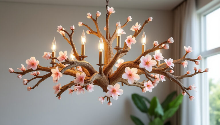 découvrez un lustre en résine effet bois flotté, sublimé par des fleurs délicates pour apporter une touche d'élégance naturelle à votre intérieur.