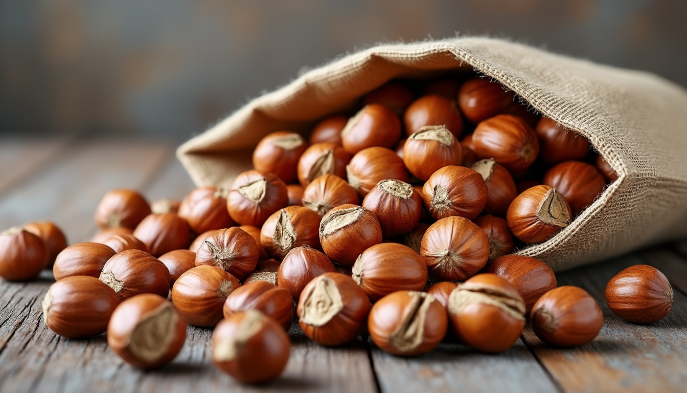 noisettes entières décortiquées de calibre 13/15, vendues en sac de 1 kg, parfaites pour cuisiner ou déguster en collation saine.