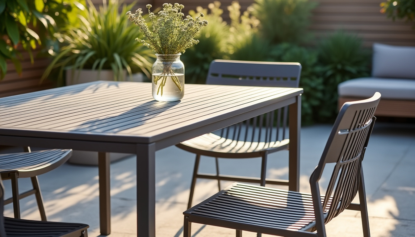découvrez la table pliante en lattes gris ardoise glasgow, élégante et pratique, offrant un confort optimal pour accueillir 4 convives lors de vos repas en intérieur ou en extérieur.
