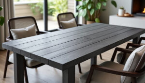 découvrez la table pliante en lattes gris ardoise glasgow, élégante et pratique, idéale pour accueillir confortablement 4 convives lors de vos repas et moments conviviaux.