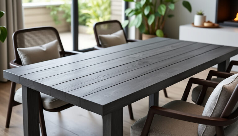 découvrez la table pliante en lattes gris ardoise glasgow, élégante et pratique, idéale pour accueillir confortablement 4 convives lors de vos repas et moments conviviaux.
