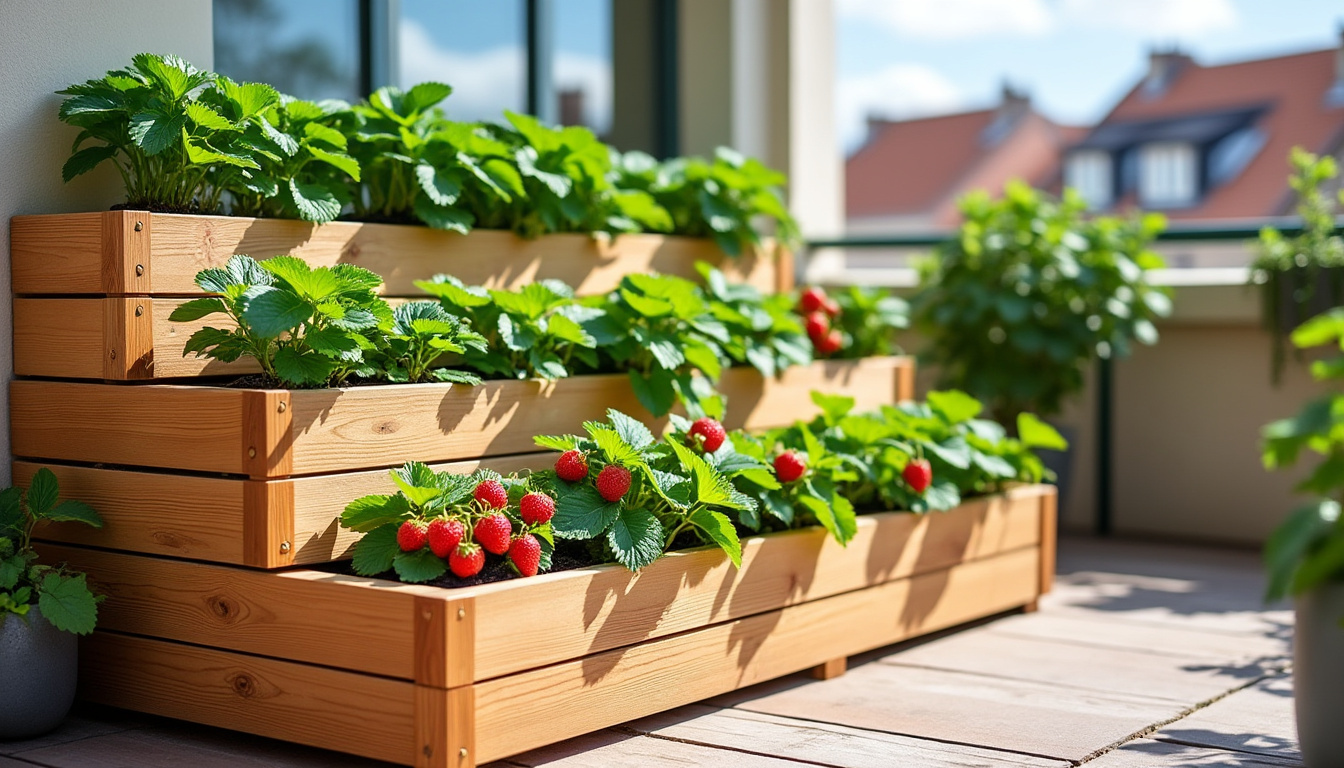 optimisez votre culture de fraisiers avec notre jardinière en escalier de 3 m, compacte et efficace sur seulement 0,75 x 0,65 m pour une récolte abondante.
